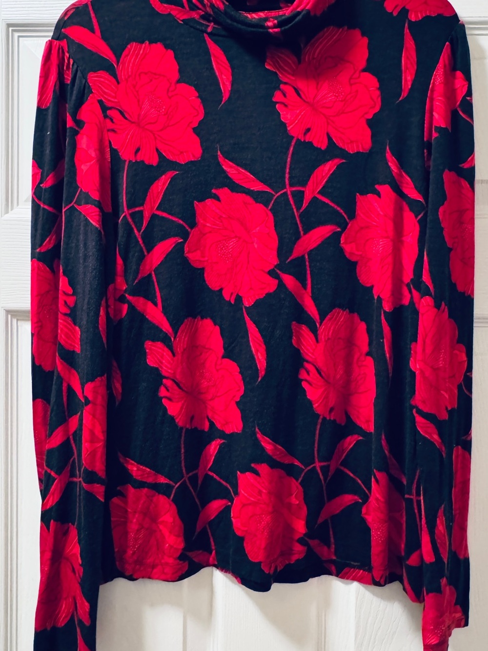 Tahari Black Long Sleeve Top with Red Floral Print